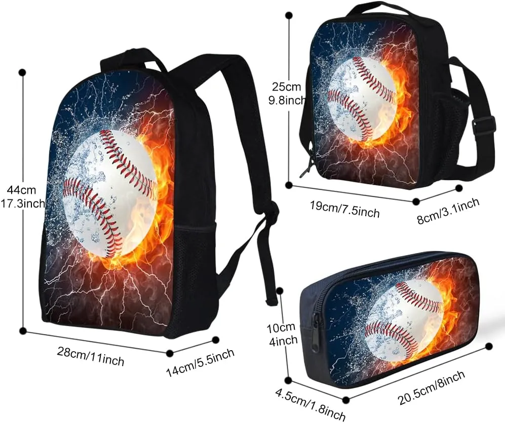 Lightweight Backpack for Girls/Boys School Bag with Lunch Bag, Pencil Case 3 in 1 (Baseball)