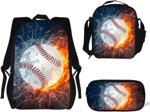 Lightweight Backpack for Girls/Boys School Bag with Lunch Bag, Pencil Case 3 in 1 (Baseball)
