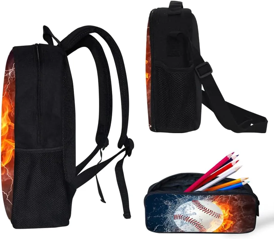 Lightweight Backpack for Girls/Boys School Bag with Lunch Bag, Pencil Case 3 in 1 (Baseball)