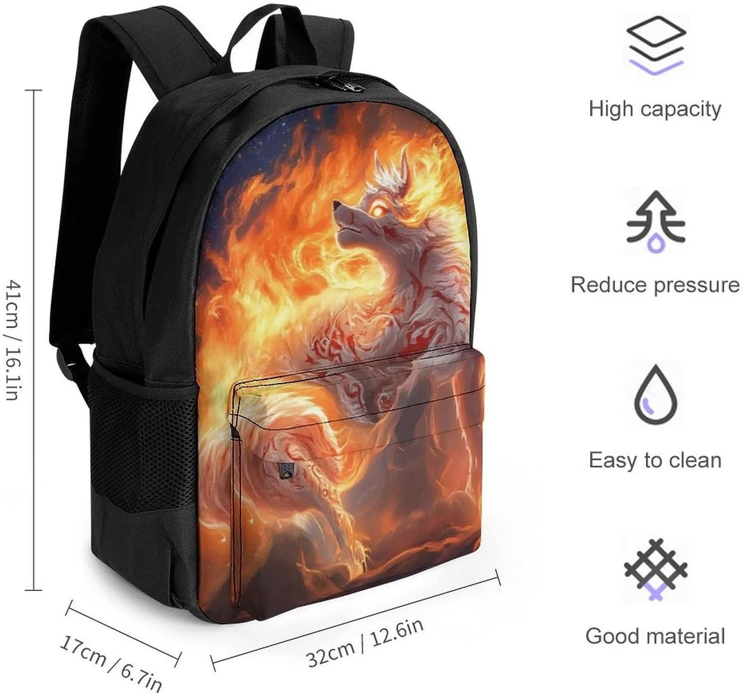Lightweight Daypack for Camping Business Walking Cycling - Large Capacity Anti-Theft Multipurpose Bookbag, Flame Fire Cool Wolf Art Gym Outdoor Hiking Backpack