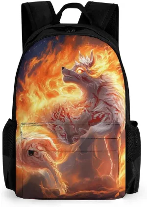 Lightweight Daypack for Camping Business Walking Cycling - Large Capacity Anti-Theft Multipurpose Bookbag, Flame Fire Cool Wolf Art Gym Outdoor Hiking Backpack