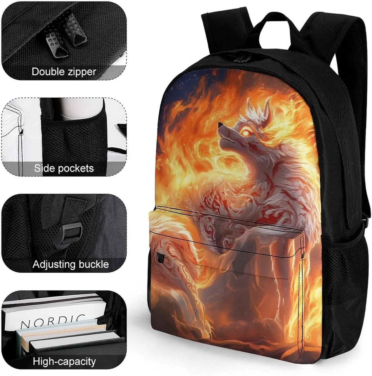 Lightweight Daypack for Camping Business Walking Cycling - Large Capacity Anti-Theft Multipurpose Bookbag, Flame Fire Cool Wolf Art Gym Outdoor Hiking Backpack