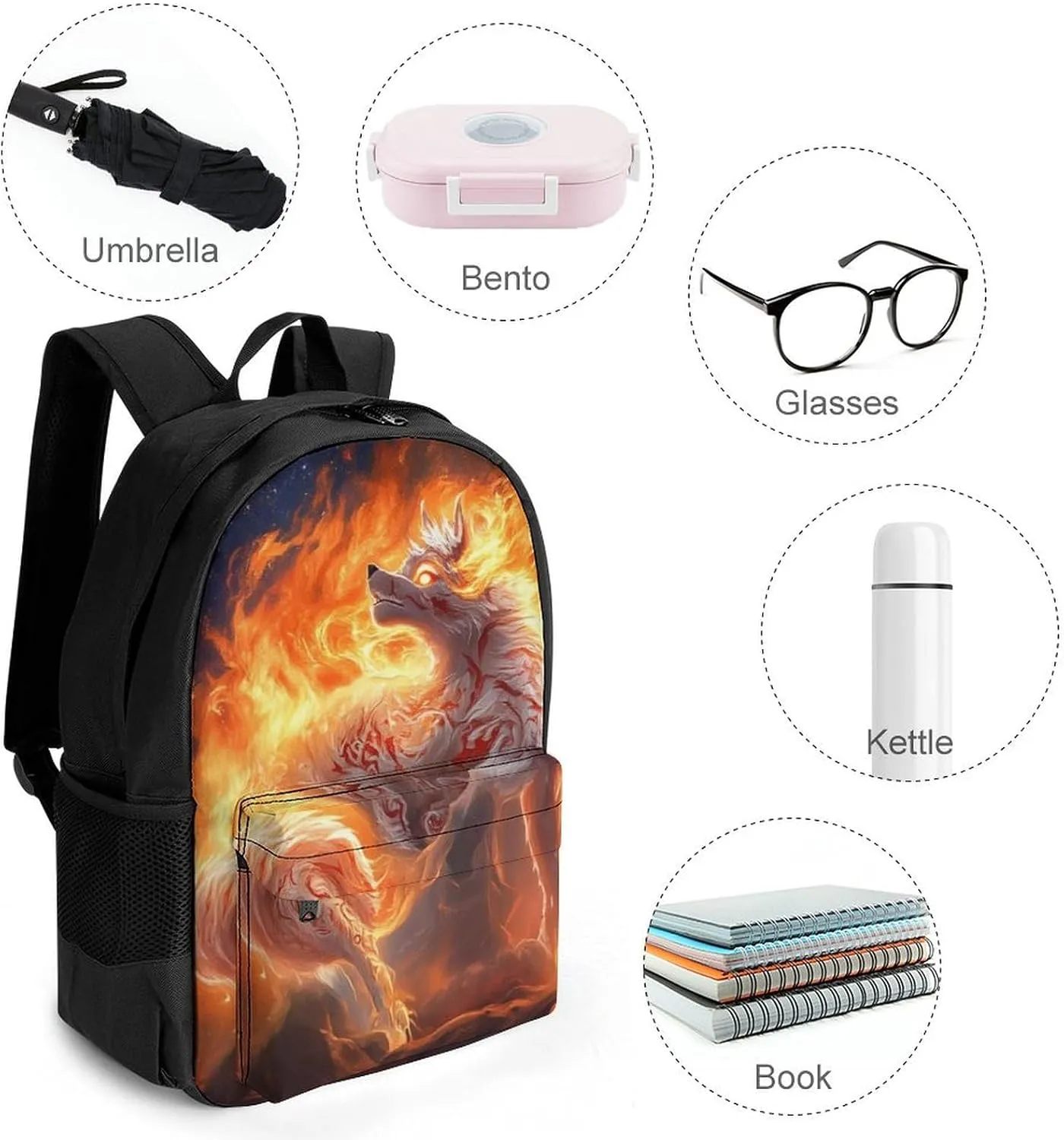 Lightweight Daypack for Camping Business Walking Cycling - Large Capacity Anti-Theft Multipurpose Bookbag, Flame Fire Cool Wolf Art Gym Outdoor Hiking Backpack