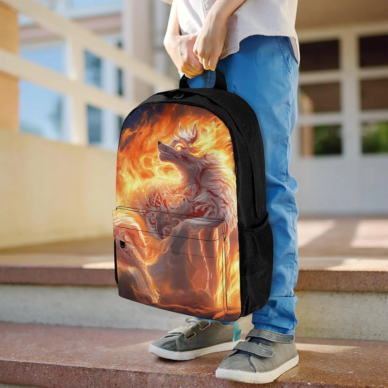Lightweight Daypack for Camping Business Walking Cycling - Large Capacity Anti-Theft Multipurpose Bookbag, Flame Fire Cool Wolf Art Gym Outdoor Hiking Backpack