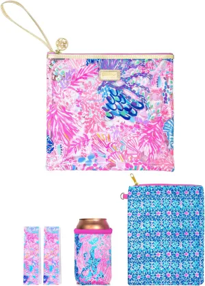 Lilly Pulitzer Water Resistant Vinyl Beach Day Pouch, Zipper Bag Includes Drink Hugger, Small Pouch, and Towel Clips