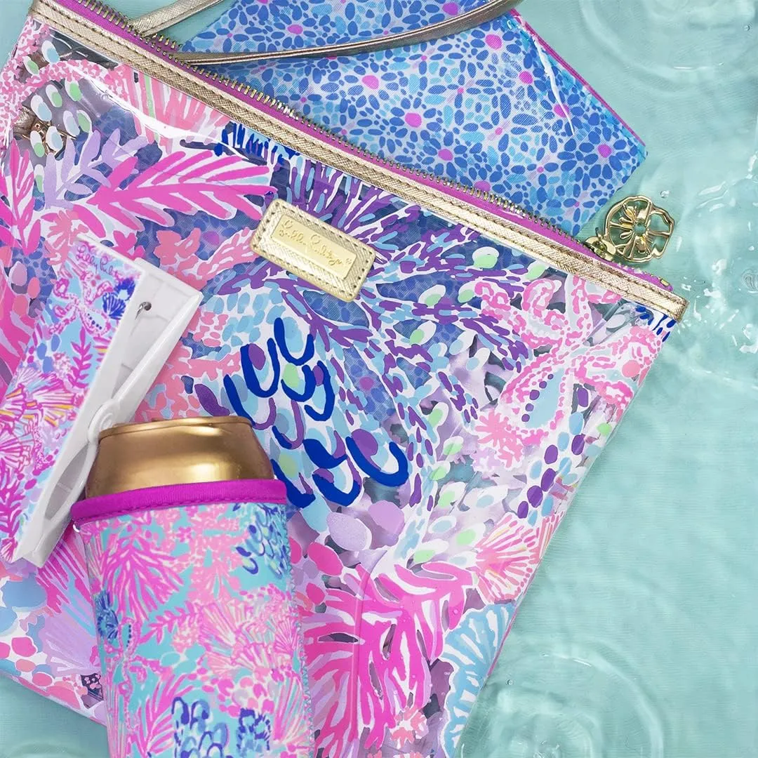 Lilly Pulitzer Water Resistant Vinyl Beach Day Pouch, Zipper Bag Includes Drink Hugger, Small Pouch, and Towel Clips