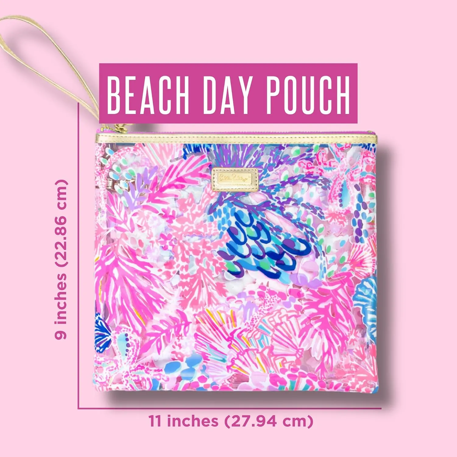 Lilly Pulitzer Water Resistant Vinyl Beach Day Pouch, Zipper Bag Includes Drink Hugger, Small Pouch, and Towel Clips