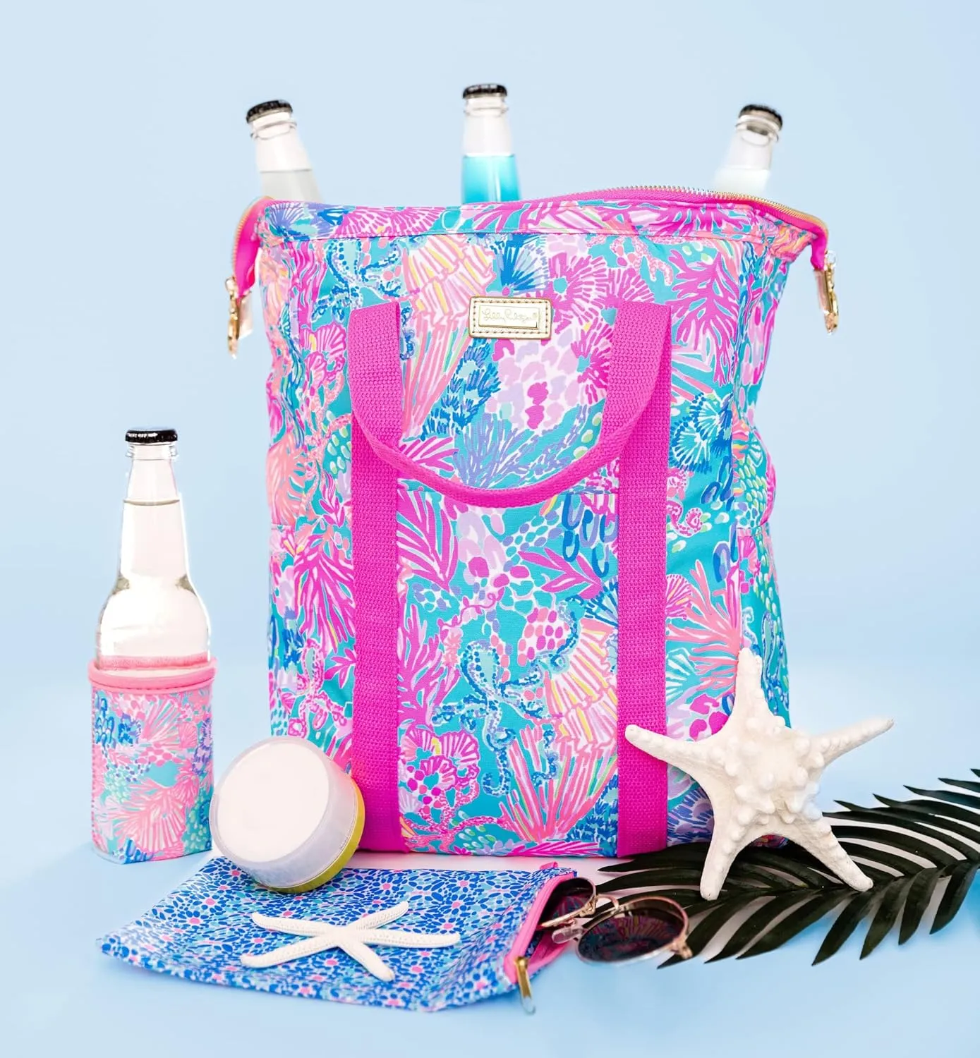 Lilly Pulitzer Water Resistant Vinyl Beach Day Pouch, Zipper Bag Includes Drink Hugger, Small Pouch, and Towel Clips
