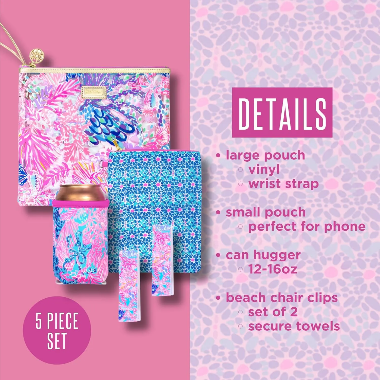 Lilly Pulitzer Water Resistant Vinyl Beach Day Pouch, Zipper Bag Includes Drink Hugger, Small Pouch, and Towel Clips