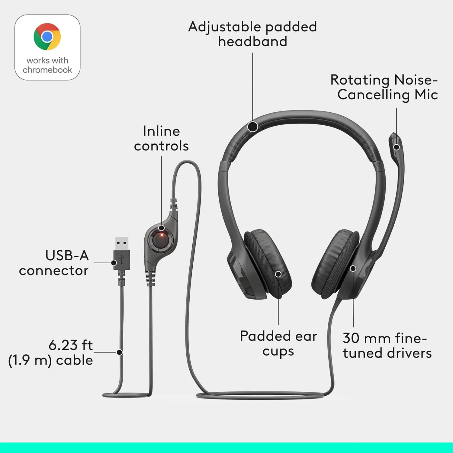 Logitech H390 Wired Headset for PC/Laptop, Stereo Headphones with Noise Cancelling Microphone, USB-A, in-Line Controls for Video Meetings, Music, Gaming and Beyond - Black