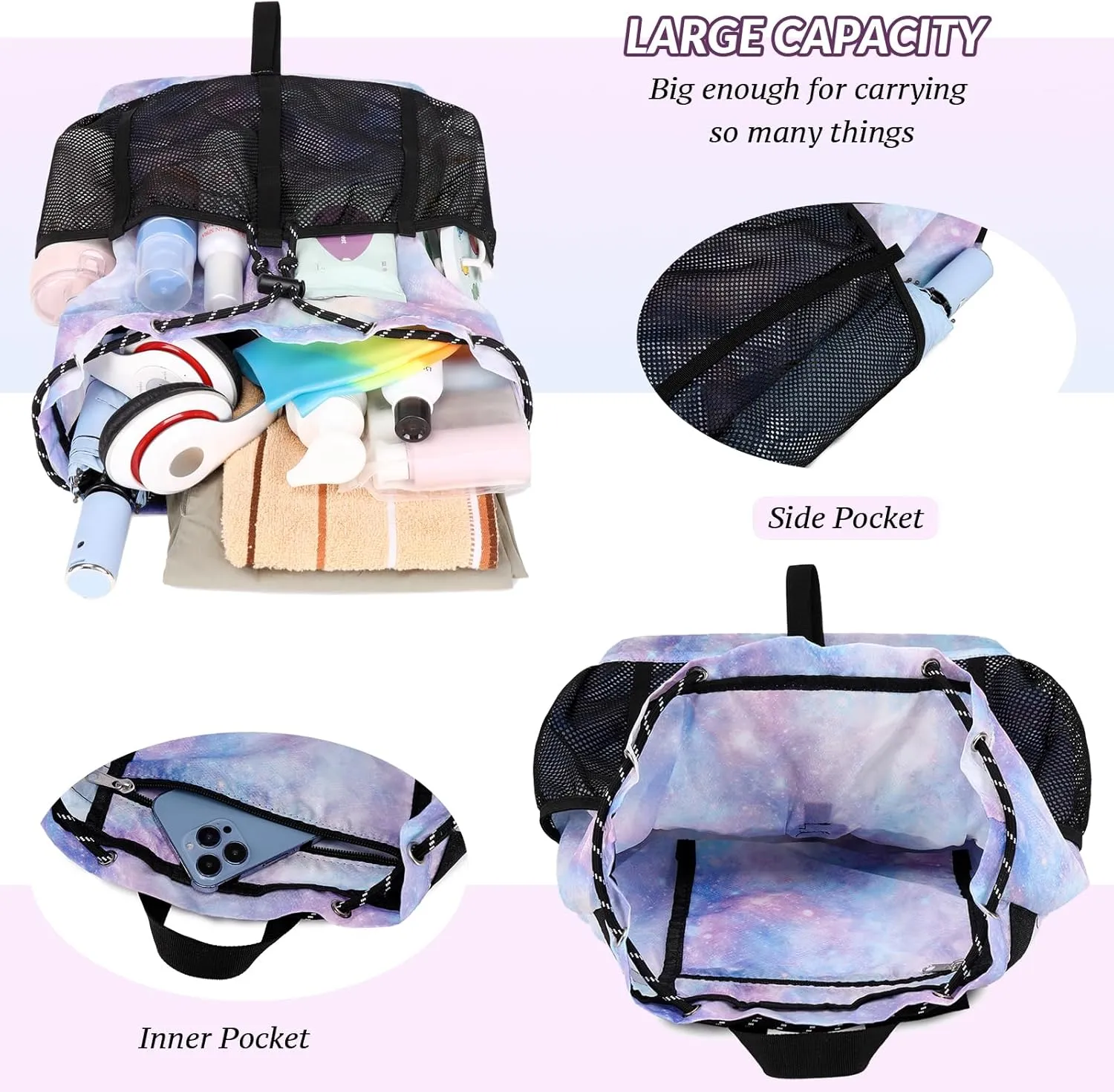 Lohol Lightweight Nylon Drawstring Backpack with Mesh Pockets for Women Men, Water Resistant String Bag for Sports Beach Swimming Camp Travel (Blue)