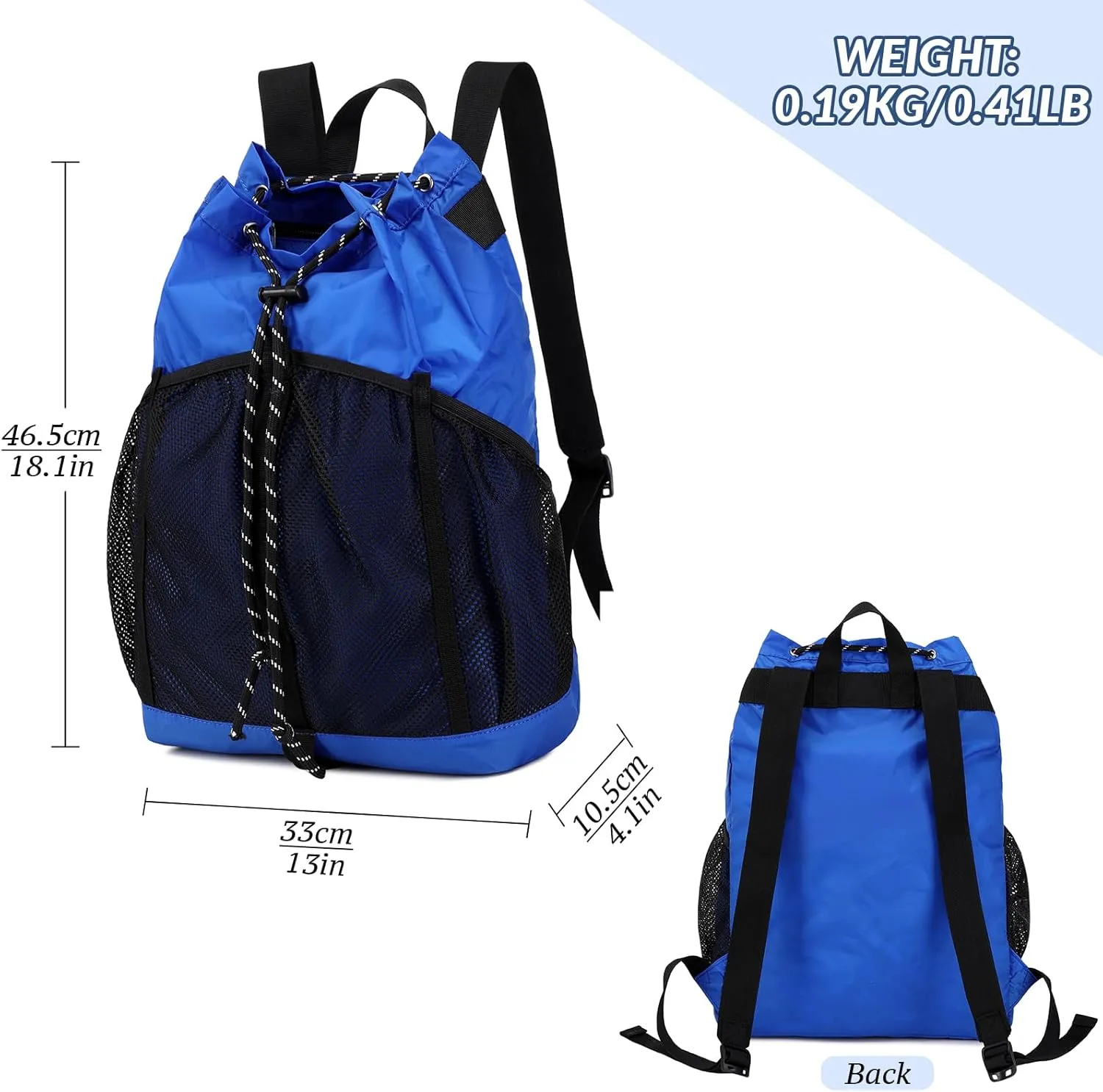 Lohol Lightweight Nylon Drawstring Backpack with Mesh Pockets for Women Men, Water Resistant String Bag for Sports Beach Swimming Camp Travel (Blue)