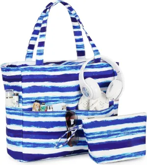 LOIDOU Large Tote Beach Bag Waterproof Sandproof Beach Pool bag with Zipper & Wet Pockets Shoulder Bag Travel Teacher Grocery