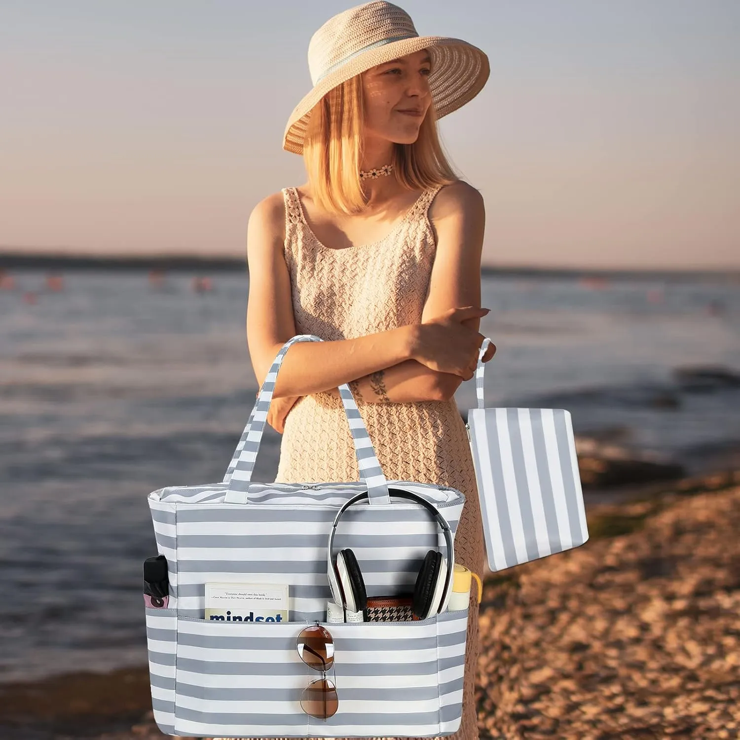 LOIDOU Large Tote Beach Bag Waterproof Sandproof Beach Pool bag with Zipper & Wet Pockets Shoulder Bag Travel Teacher Grocery