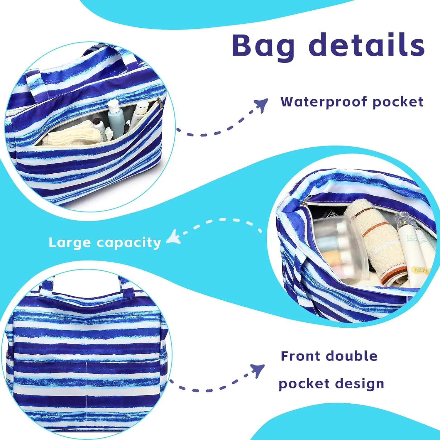 LOIDOU Large Tote Beach Bag Waterproof Sandproof Beach Pool bag with Zipper & Wet Pockets Shoulder Bag Travel Teacher Grocery