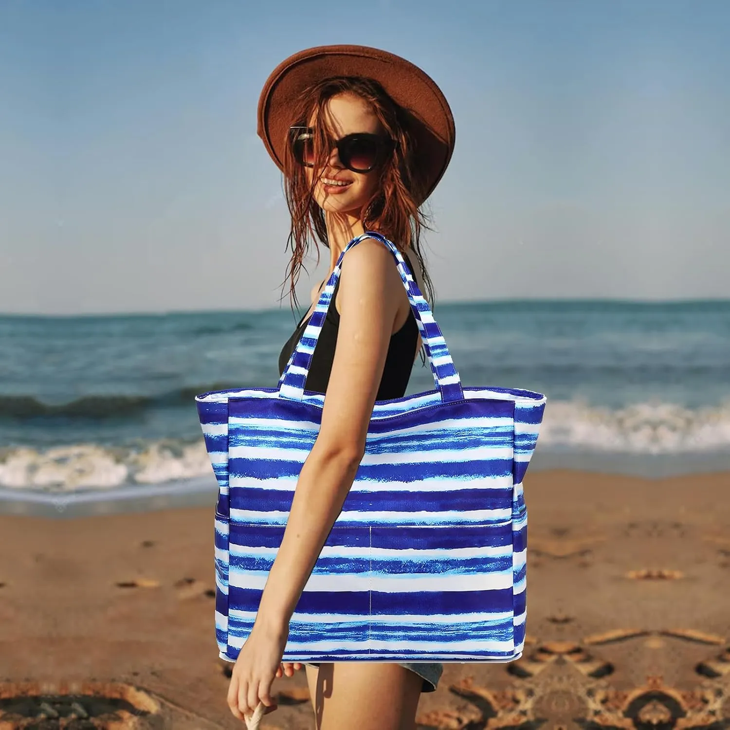 LOIDOU Large Tote Beach Bag Waterproof Sandproof Beach Pool bag with Zipper & Wet Pockets Shoulder Bag Travel Teacher Grocery