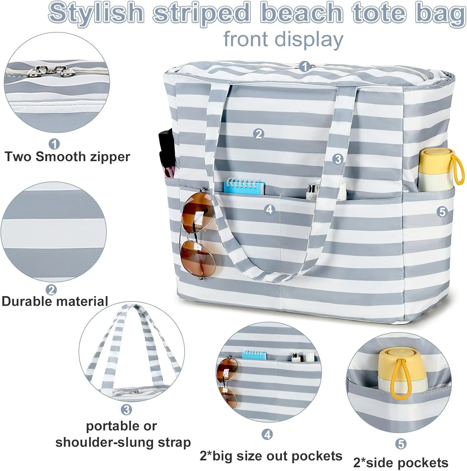 LOIDOU Large Tote Beach Bag Waterproof Sandproof Beach Pool bag with Zipper & Wet Pockets Shoulder Bag Travel Teacher Grocery