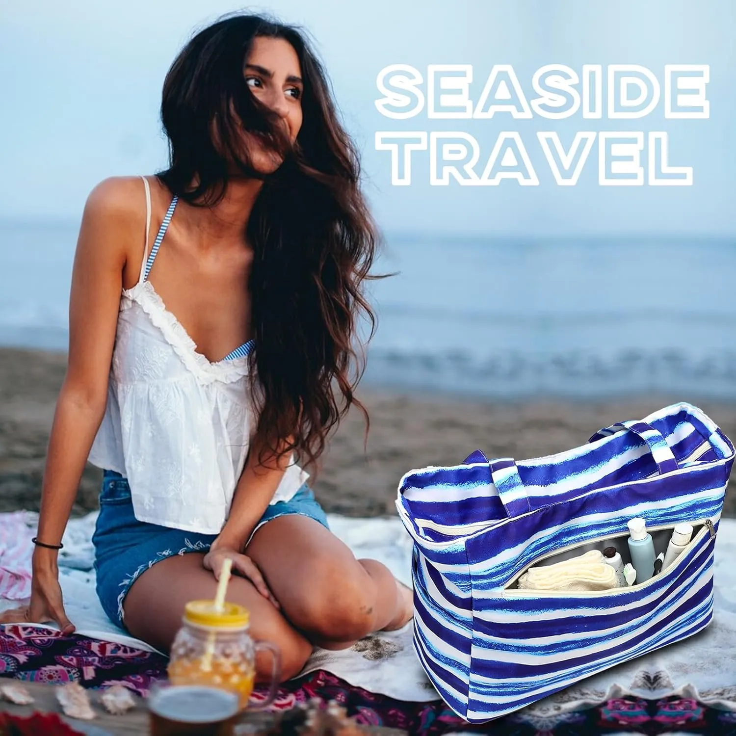 LOIDOU Large Tote Beach Bag Waterproof Sandproof Beach Pool bag with Zipper & Wet Pockets Shoulder Bag Travel Teacher Grocery