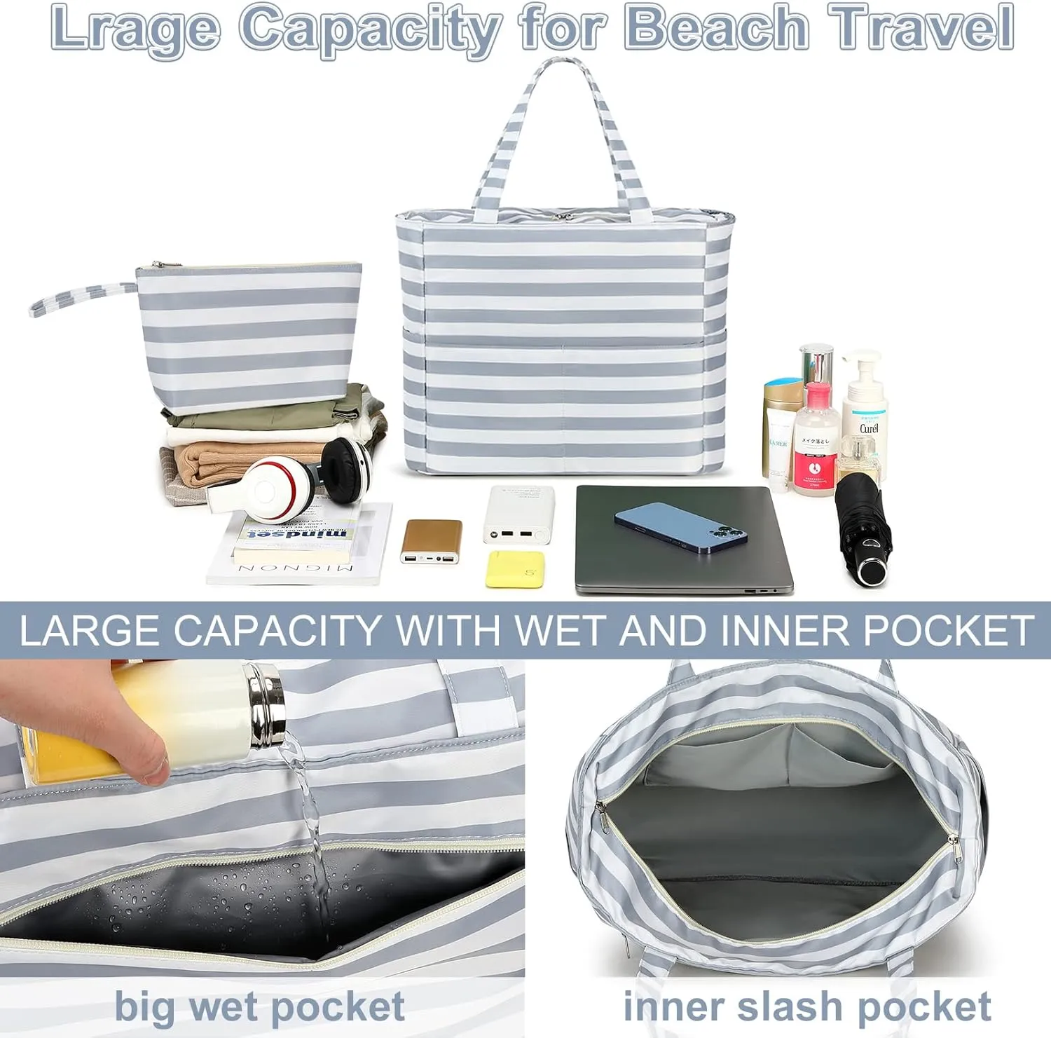 LOIDOU Large Tote Beach Bag Waterproof Sandproof Beach Pool bag with Zipper & Wet Pockets Shoulder Bag Travel Teacher Grocery