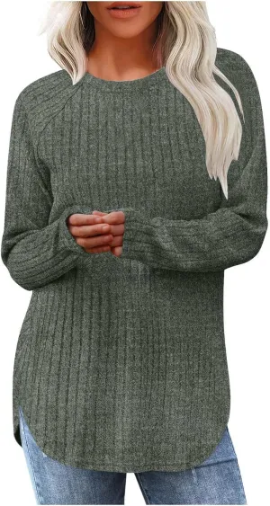 Long Sleeve Fall Shirts for Women Side Split Crew Neck Casual Tunic Tops Solid Color Loose Fitting Comfy Blouses