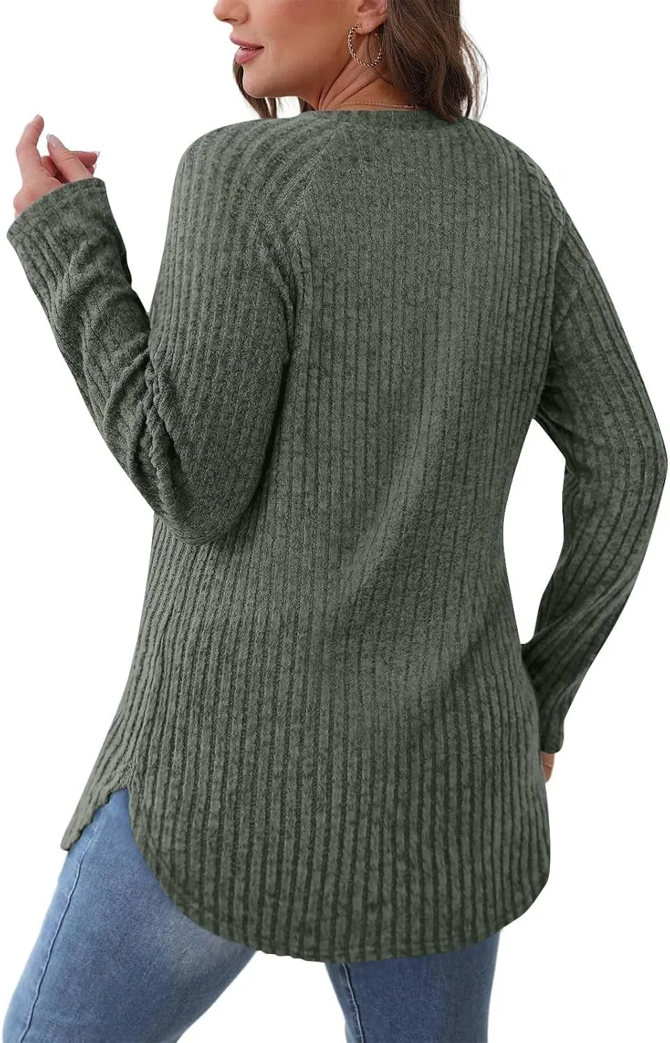 Long Sleeve Fall Shirts for Women Side Split Crew Neck Casual Tunic Tops Solid Color Loose Fitting Comfy Blouses