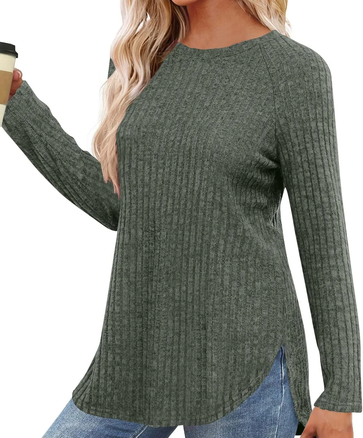 Long Sleeve Fall Shirts for Women Side Split Crew Neck Casual Tunic Tops Solid Color Loose Fitting Comfy Blouses