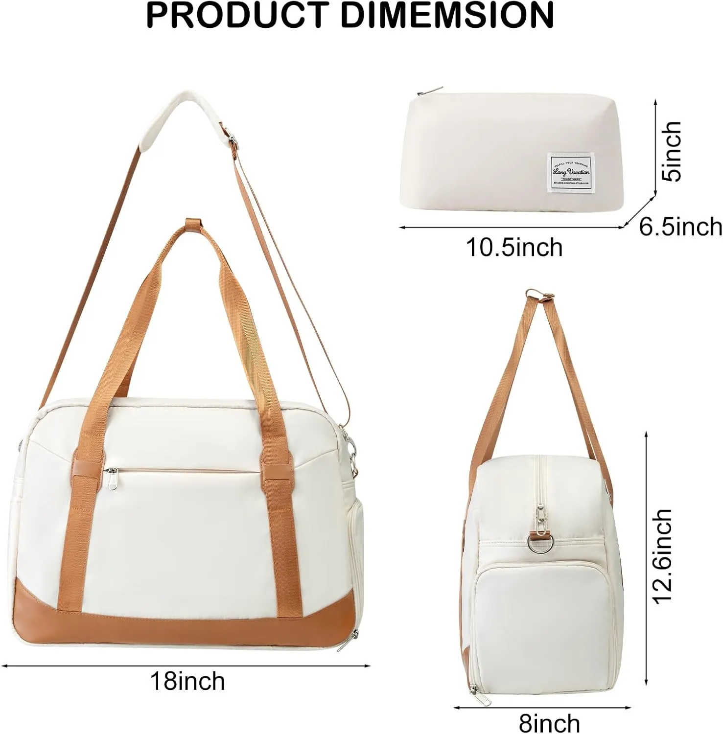 LONG VACATION Women's Travel Duffel Bag with Toiletry Bag, Sports Gym Bag Weekendeer Carry-on Tote with Shoe Compartment and Wet Pocket, Yoga Bag Fit 15.6inch Laptop (BEIGE & BROWN, 18-inch)