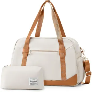 LONG VACATION Women's Travel Duffel Bag with Toiletry Bag, Sports Gym Bag Weekendeer Carry-on Tote with Shoe Compartment and Wet Pocket, Yoga Bag Fit 15.6inch Laptop (BEIGE & BROWN, 18-inch)