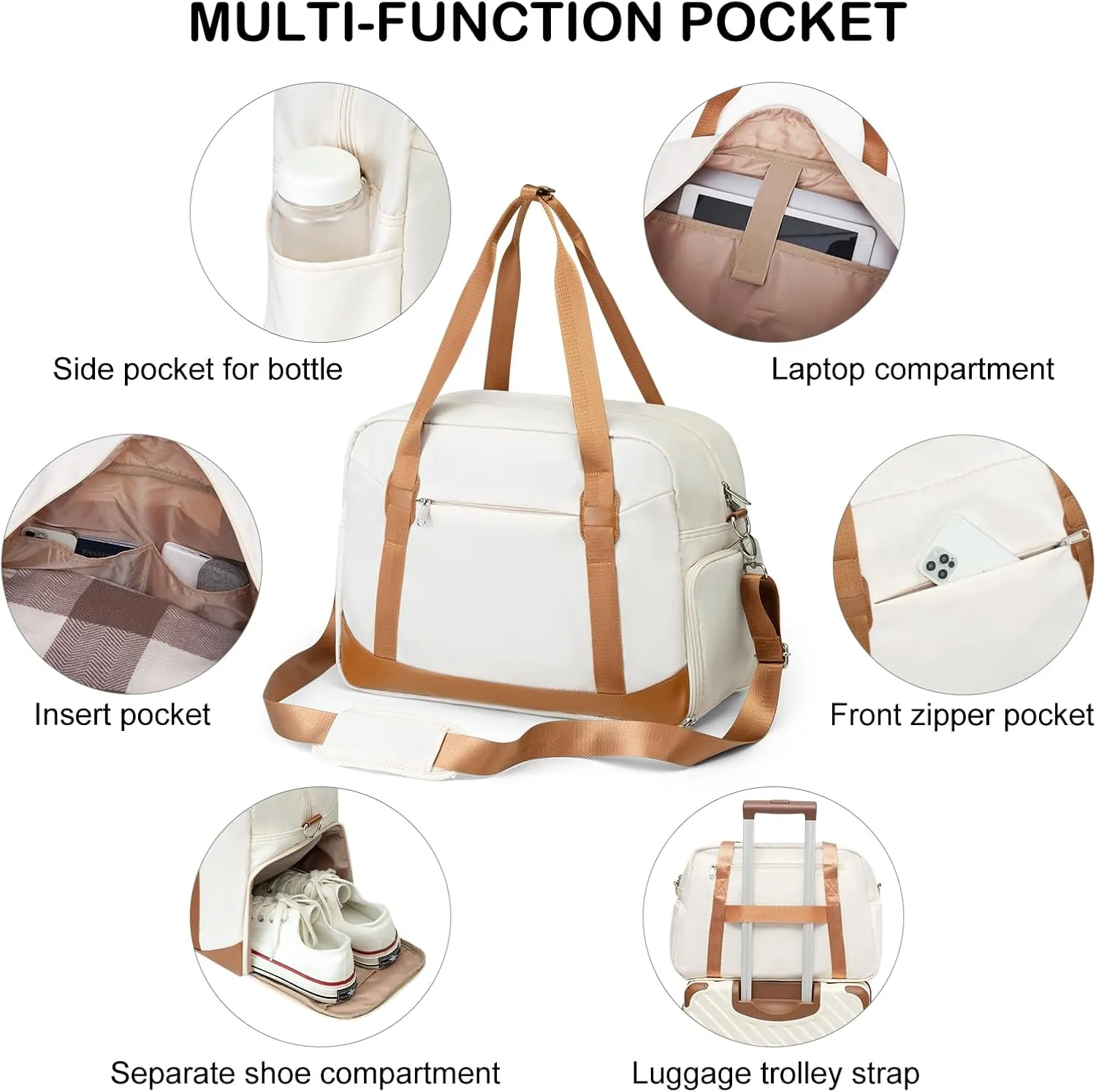LONG VACATION Women's Travel Duffel Bag with Toiletry Bag, Sports Gym Bag Weekendeer Carry-on Tote with Shoe Compartment and Wet Pocket, Yoga Bag Fit 15.6inch Laptop (BEIGE & BROWN, 18-inch)
