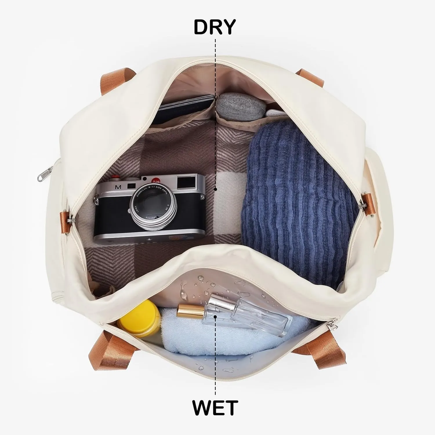 LONG VACATION Women's Travel Duffel Bag with Toiletry Bag, Sports Gym Bag Weekendeer Carry-on Tote with Shoe Compartment and Wet Pocket, Yoga Bag Fit 15.6inch Laptop (BEIGE & BROWN, 18-inch)