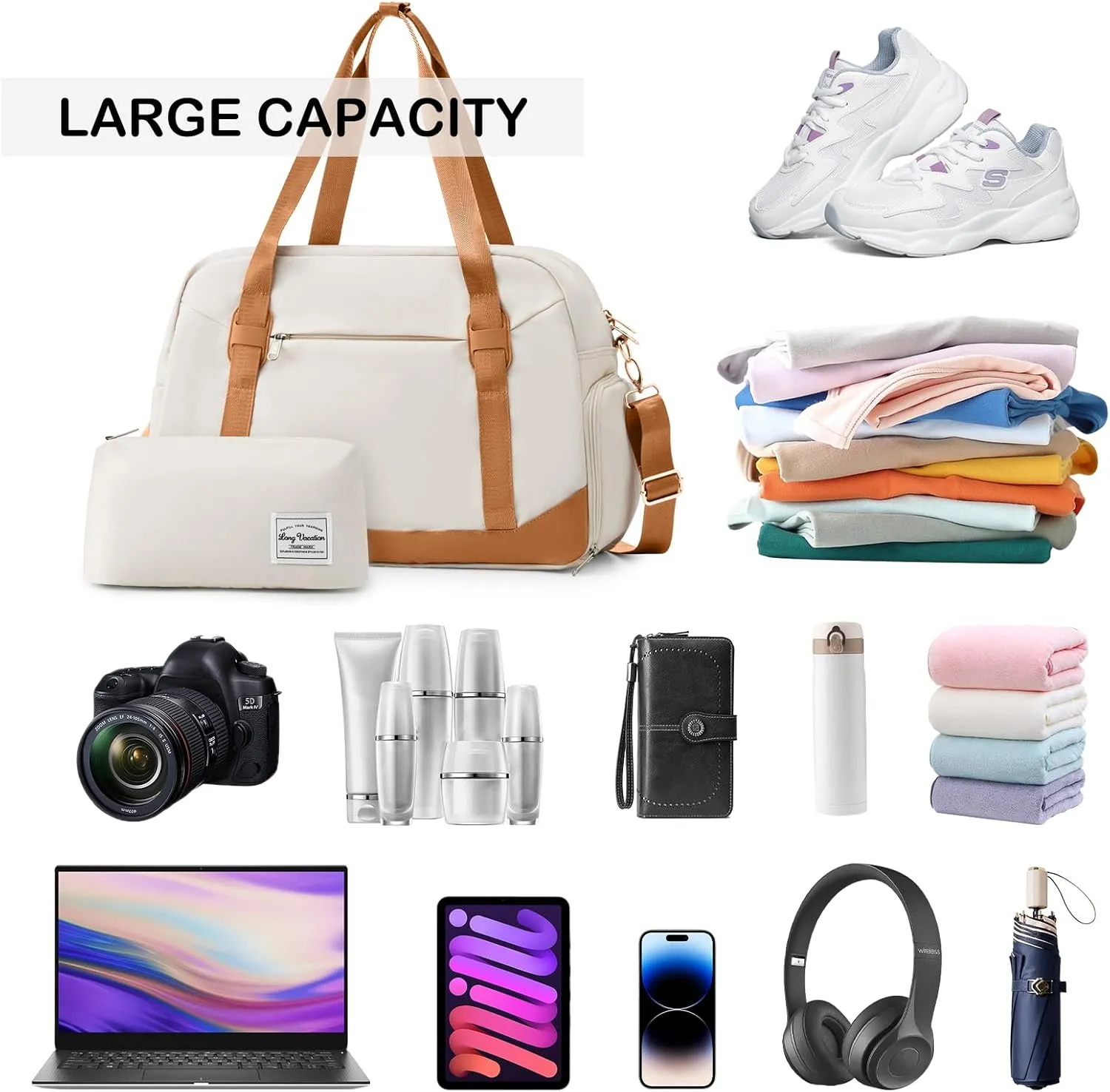 LONG VACATION Women's Travel Duffel Bag with Toiletry Bag, Sports Gym Bag Weekendeer Carry-on Tote with Shoe Compartment and Wet Pocket, Yoga Bag Fit 15.6inch Laptop (BEIGE & BROWN, 18-inch)