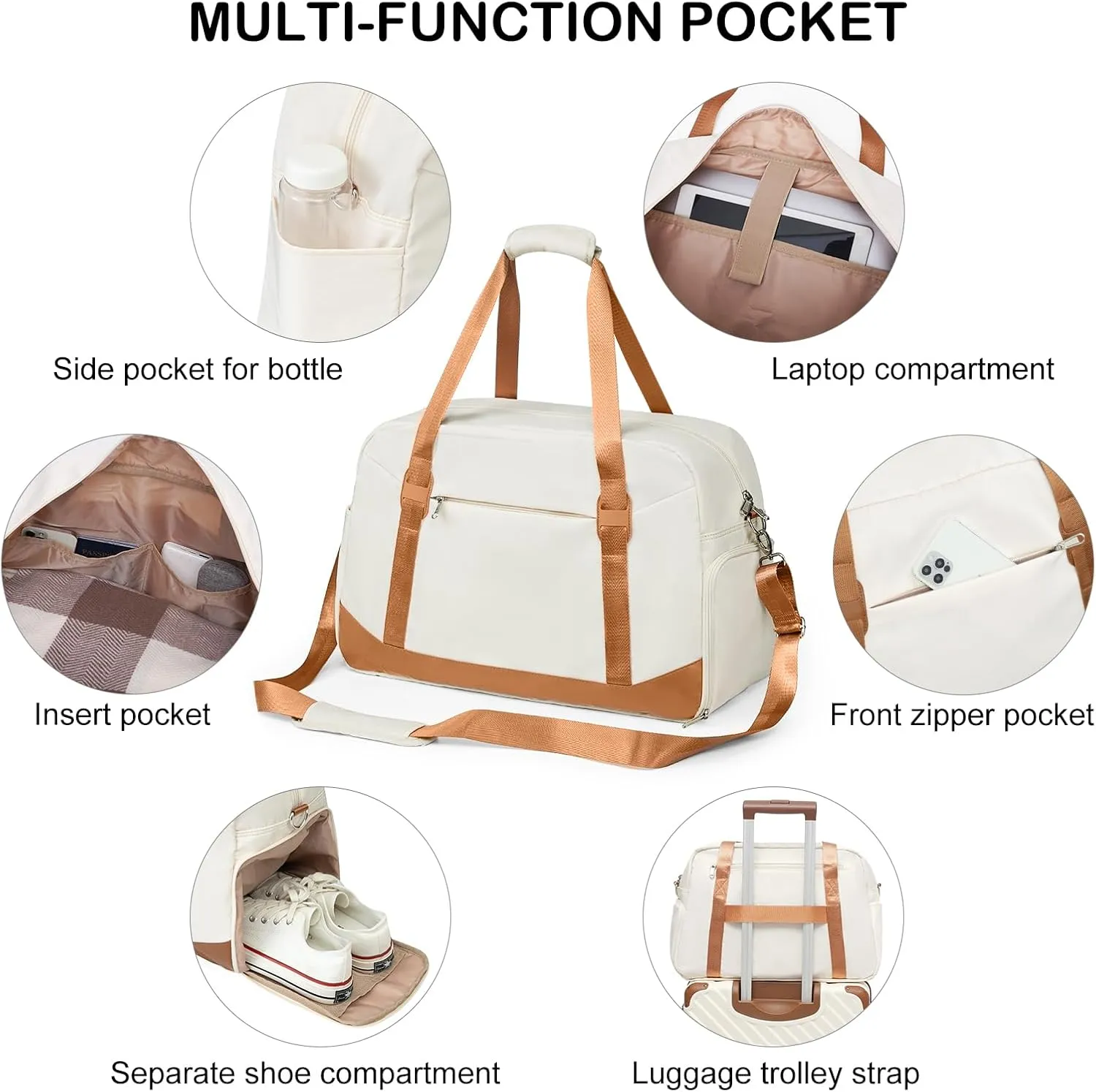 LONG VACATION Women's Travel Duffel Bag with Toiletry Bag, Sports Gym Bag Weekendeer Carry-on Tote with Shoe Compartment and Wet Pocket, Yoga Bag Fit 17.3inch Laptop (BEIGE & BROWN, 21-inch)