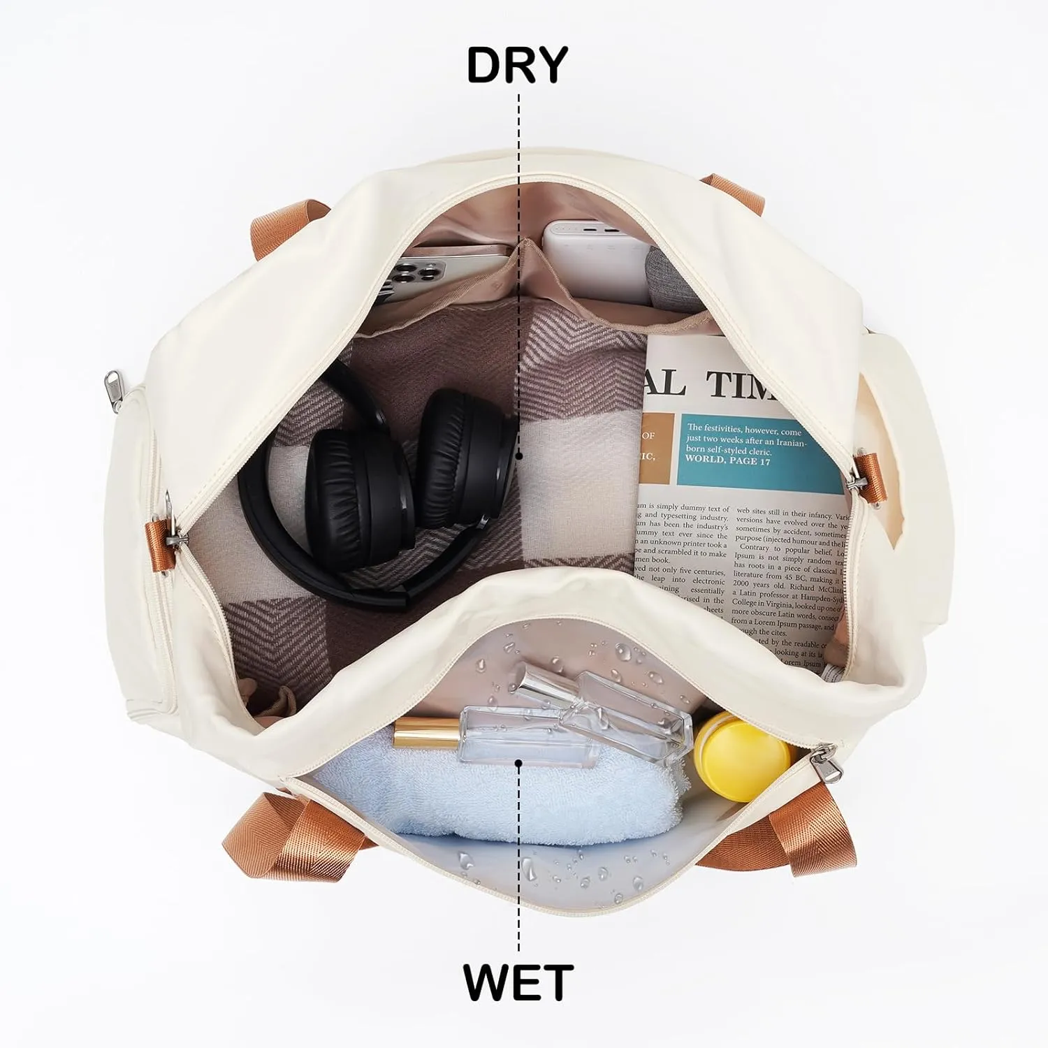 LONG VACATION Women's Travel Duffel Bag with Toiletry Bag, Sports Gym Bag Weekendeer Carry-on Tote with Shoe Compartment and Wet Pocket, Yoga Bag Fit 17.3inch Laptop (BEIGE & BROWN, 21-inch)