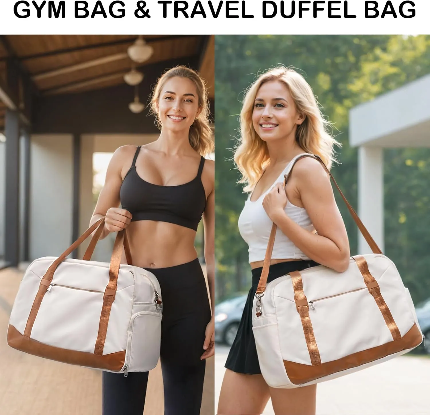 LONG VACATION Women's Travel Duffel Bag with Toiletry Bag, Sports Gym Bag Weekendeer Carry-on Tote with Shoe Compartment and Wet Pocket, Yoga Bag Fit 17.3inch Laptop (BEIGE & BROWN, 21-inch)