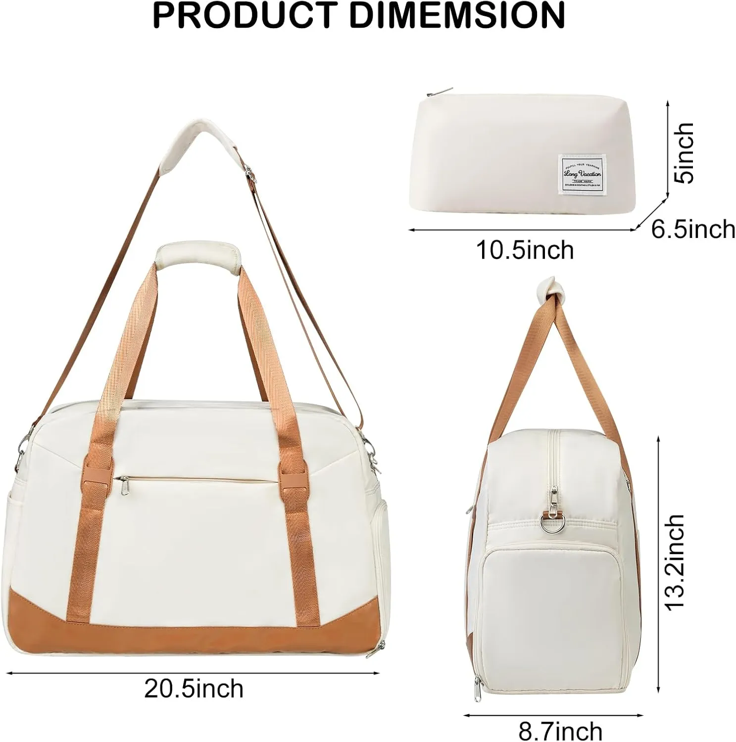 LONG VACATION Women's Travel Duffel Bag with Toiletry Bag, Sports Gym Bag Weekendeer Carry-on Tote with Shoe Compartment and Wet Pocket, Yoga Bag Fit 17.3inch Laptop (BEIGE & BROWN, 21-inch)
