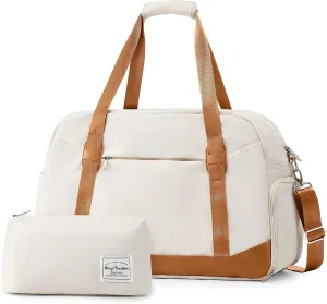 LONG VACATION Women's Travel Duffel Bag with Toiletry Bag, Sports Gym Bag Weekendeer Carry-on Tote with Shoe Compartment and Wet Pocket, Yoga Bag Fit 17.3inch Laptop (BEIGE & BROWN, 21-inch)