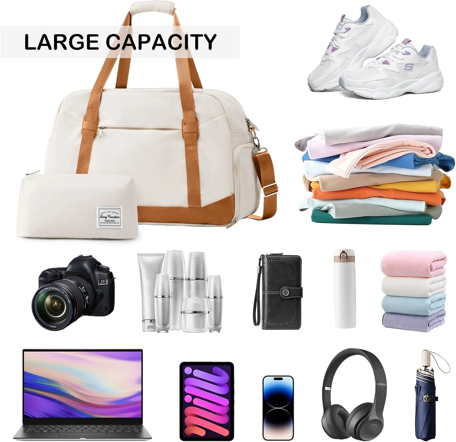 LONG VACATION Women's Travel Duffel Bag with Toiletry Bag, Sports Gym Bag Weekendeer Carry-on Tote with Shoe Compartment and Wet Pocket, Yoga Bag Fit 17.3inch Laptop (BEIGE & BROWN, 21-inch)