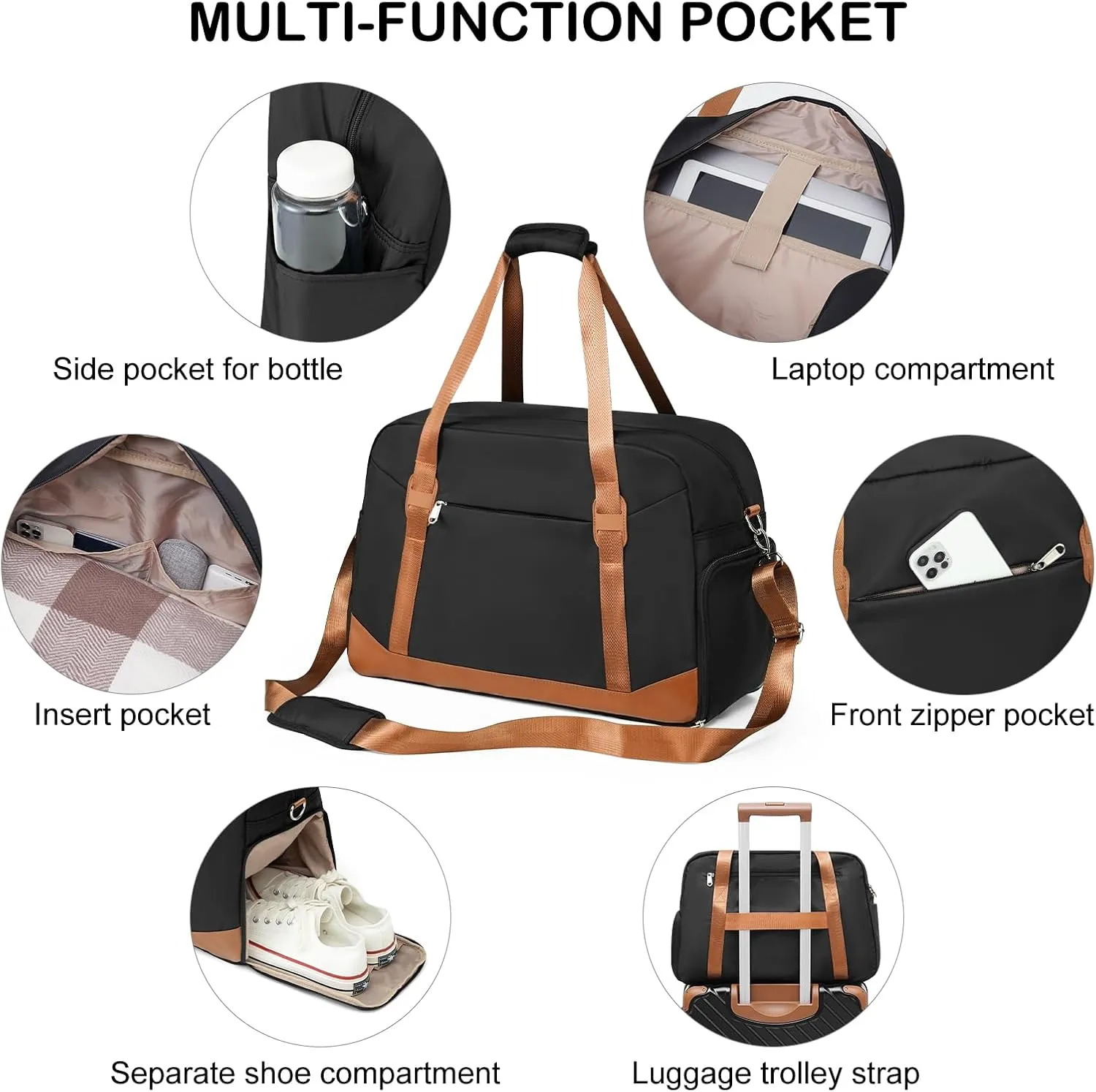 LONG VACATION Women's Travel Duffel Bag with Toiletry Bag, Sports Gym Bag Weekendeer Carry-on Tote with Shoe Compartment and Wet Pocket, Yoga Bag Fit 17.3inch Laptop (BLACK & BROWN, 21-inch)