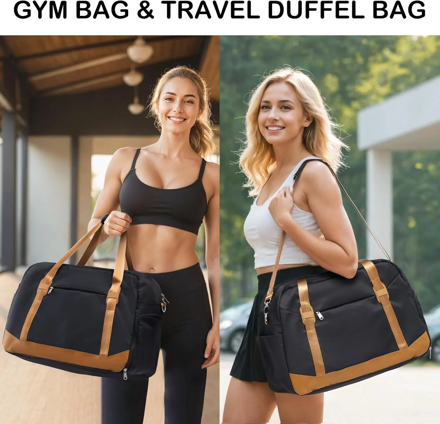 LONG VACATION Women's Travel Duffel Bag with Toiletry Bag, Sports Gym Bag Weekendeer Carry-on Tote with Shoe Compartment and Wet Pocket, Yoga Bag Fit 17.3inch Laptop (BLACK & BROWN, 21-inch)