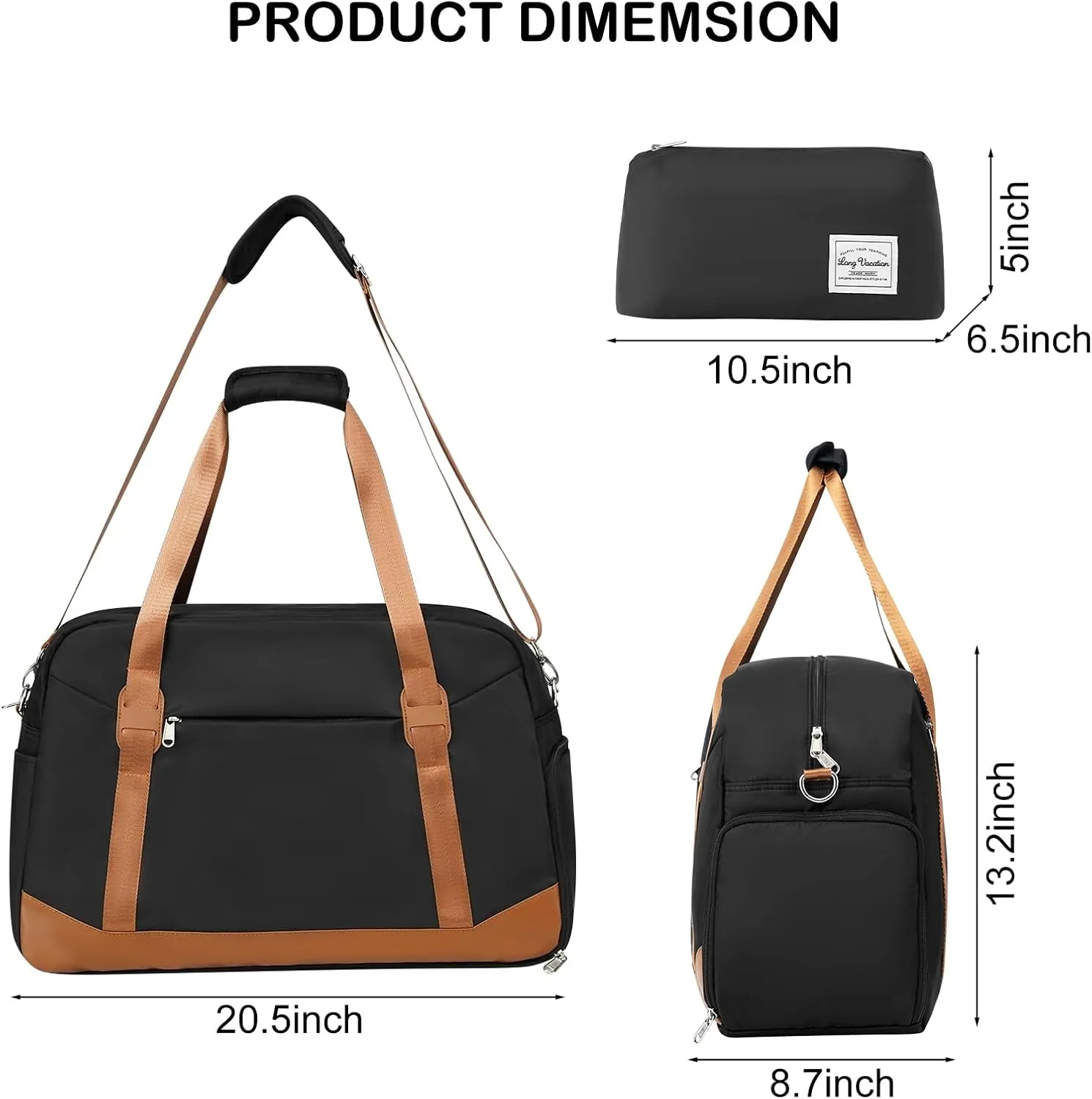 LONG VACATION Women's Travel Duffel Bag with Toiletry Bag, Sports Gym Bag Weekendeer Carry-on Tote with Shoe Compartment and Wet Pocket, Yoga Bag Fit 17.3inch Laptop (BLACK & BROWN, 21-inch)