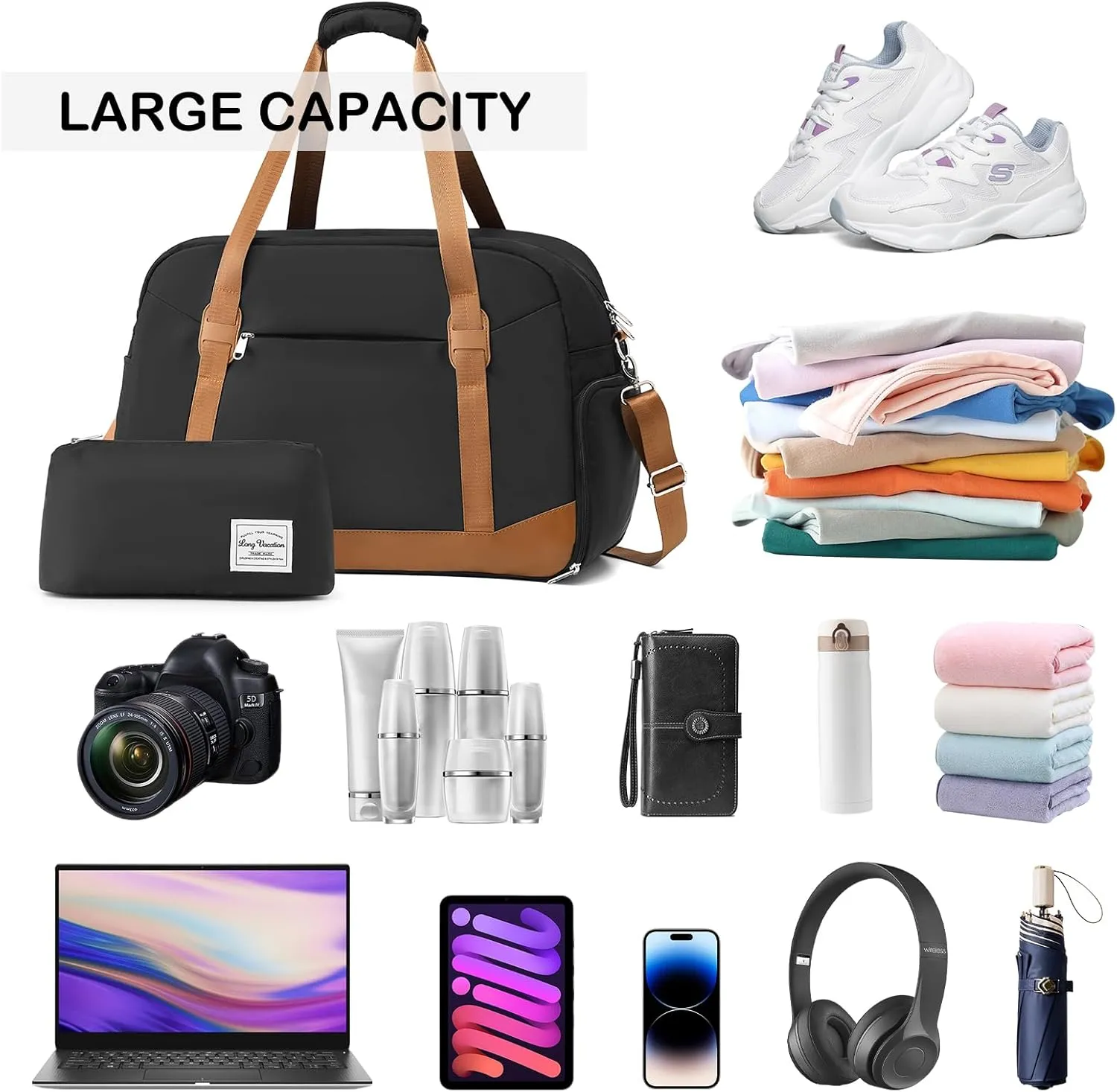 LONG VACATION Women's Travel Duffel Bag with Toiletry Bag, Sports Gym Bag Weekendeer Carry-on Tote with Shoe Compartment and Wet Pocket, Yoga Bag Fit 17.3inch Laptop (BLACK & BROWN, 21-inch)