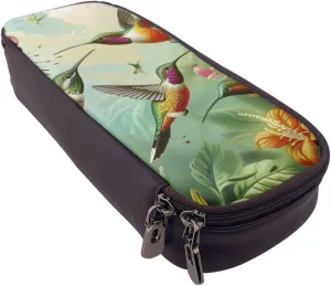 Lovely Hummingbird Pattern Leather Pencil Case Flip Stationery Pouch Pen Case with Zipper for School Travel Office, Beautiful Hummingbird, standard size, Cosmetic bag