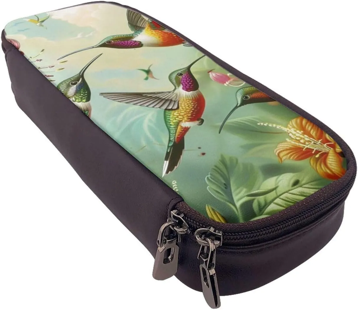 Lovely Hummingbird Pattern Leather Pencil Case Flip Stationery Pouch Pen Case with Zipper for School Travel Office, Beautiful Hummingbird, standard size, Cosmetic bag