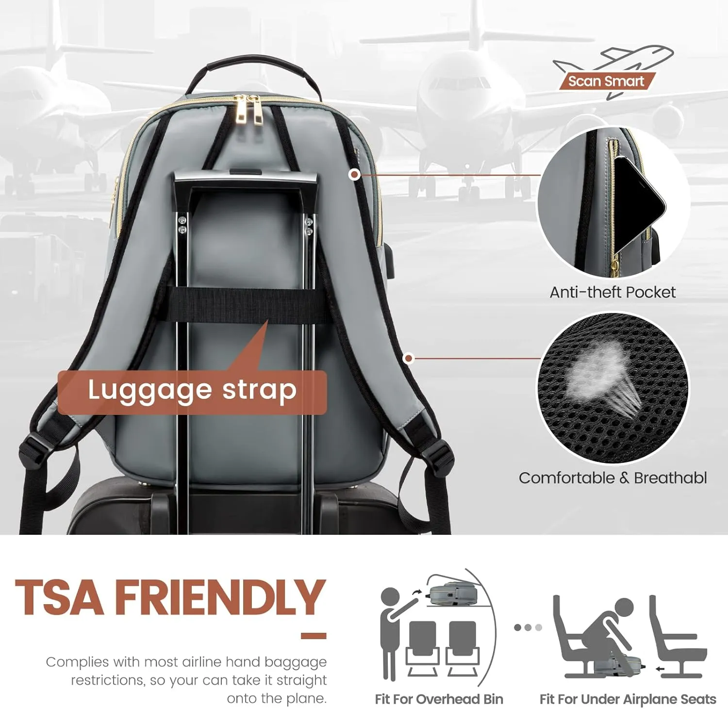 LOVEVOOK Laptop Backpack for Women 15.6 inch,Cute Womens Travel Backpack Purse,Professional Laptop Computer Bag,Waterproof Work Business College Teacher Bags Carry on Backpack with USB Port,Grey