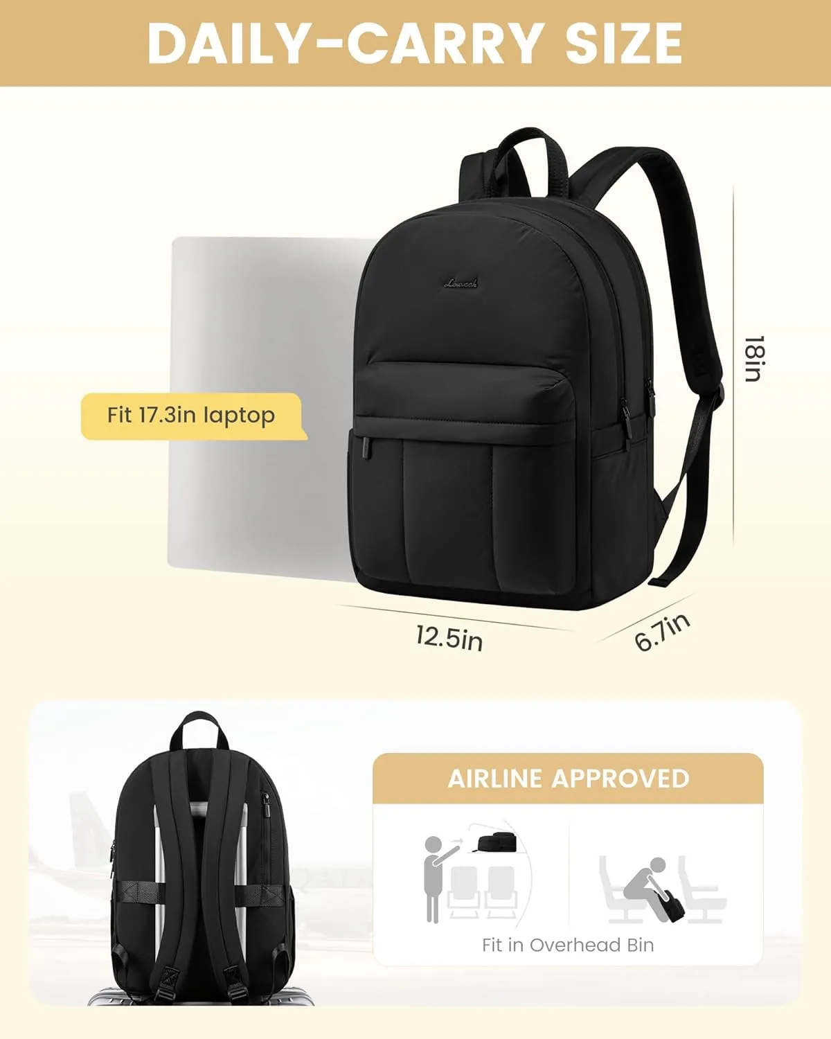 LOVEVOOK Laptop Backpack for Women, Lightweight Puffy Travel Backpack, Teacher Nurse Work Bag Quilted Computer Backpack Purse, Cute Bookbag Waterproof Casual Daypack Laptop Bag, 17.3 Inch, Black