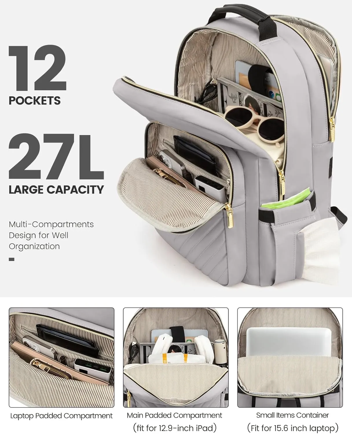LOVEVOOK Laptop Backpack Purse for Women, Work Travel Computer Bags, College School Backpack for Student Girl, Quilted Casual Daypack with USB Port, Fit 15.6 Inch Laptop, Grey