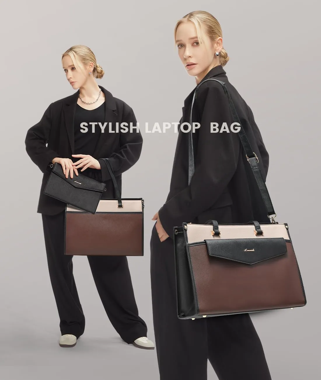 LOVEVOOK Laptop Bag for Women, 15.6'' Laptop Tote Purse 2-in-1 Professional Work Bag Business Briefcase with Clutch Purse, Waterproof Leather Computer Handbag for Teacher Office Travel