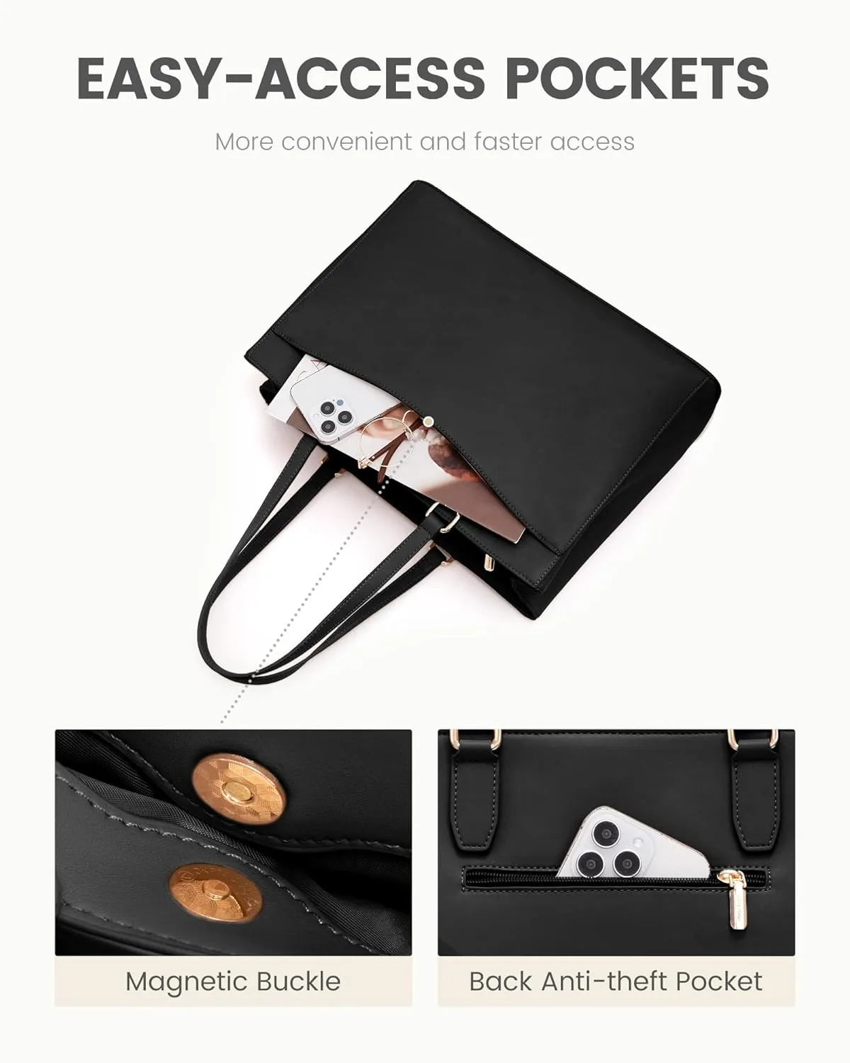 LOVEVOOK Laptop Bag Tote Bag for Women, Work Bags Teacher Tote Bag, Waterproof Leather Computer Bag, Business Laptop Purse Office Handbag Professional Briefcase, 15.6 Inch, Black