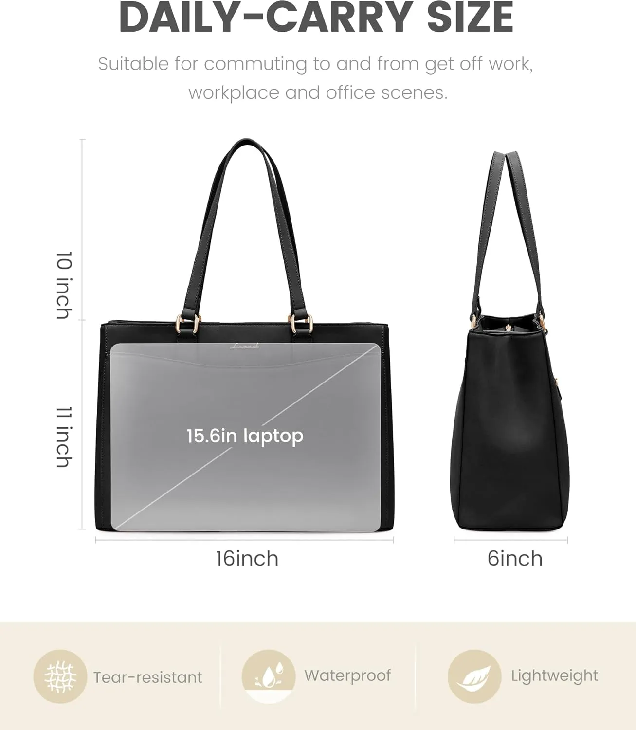 LOVEVOOK Laptop Bag Tote Bag for Women, Work Bags Teacher Tote Bag, Waterproof Leather Computer Bag, Business Laptop Purse Office Handbag Professional Briefcase, 15.6 Inch, Black