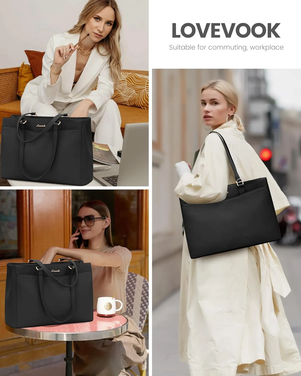 LOVEVOOK Laptop Bag Tote Bag for Women, Work Bags Teacher Tote Bag, Waterproof Leather Computer Bag, Business Laptop Purse Office Handbag Professional Briefcase, 15.6 Inch, Black